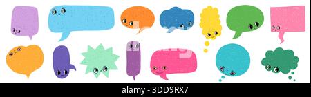 Farbenfrohe Sprechblasen mit niedlichen Gesichtern mit Ausdrücken, Ballonformen mit leeren Textfeldern für Kinder Stock Vektor