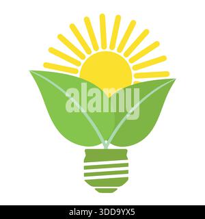 Sonnenaufgang über Blättern in Form einer Lampe. Konzept alternativer Energie. Bio-grüne Farm, natürliche frische Produkte Stock Vektor