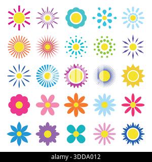 Set aus mehrfarbigen Sommerblumen auf weißem Hintergrund. Stock Vektor