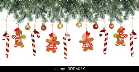 Wunderschönes Weihnachtsdekor und Tannenzweige auf weißem Hintergrund. Bannerdesign Stockfoto