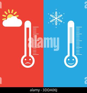 Illustration blaue und rote Thermometer der Wärme- und Kältetemperatur mit verschiedenen Emotionen Stock Vektor
