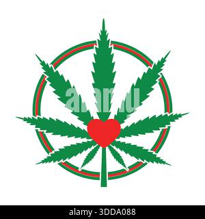 Illustration eines Marihuana- oder Cannabisblatt-Symbols mit Herz. Emblem auf weißem Hintergrund. Stock Vektor