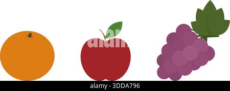 Orange und Rip Traubenbüschel und rote Apfelkarte Menükarten Etiketten minimalistisches flaches Design saisonale Früchte. Isolierte Vektor Illustration Aufkleber Icon thematisiert oder Rezeptkarte Druck Material Banner, Faltblatt, Tag Stock Vektor