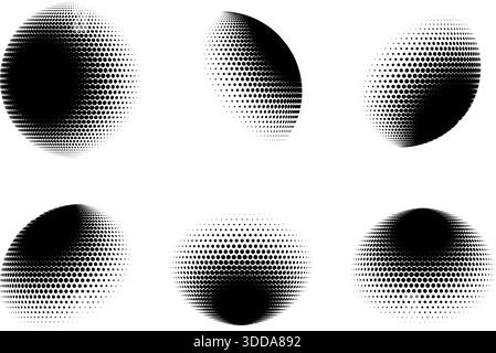 Abstraktes 3D-Halbton-Set mit gepunkteten Kugeln und Ellipsen. Vektorabbildung Stock Vektor