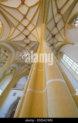 Detaillierte Ansicht einer Innendecke mit gotischem Gewölbe und massiven Säulen in einem breiten Kirchenschiff, Herrenberg, Boeblingen, Deutschland Stockfoto
