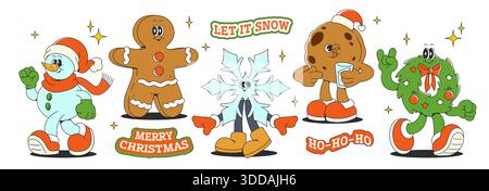 Groovige Retro-Cartoon-Aufkleber mit lustigen Weihnachtsmaskottchen - Schneemann, Lebkuchenkekse, Schneeflocke und Weihnachtskranz. Winter-Set mit festlichen Textelementen für saisonales Design. Stock Vektor