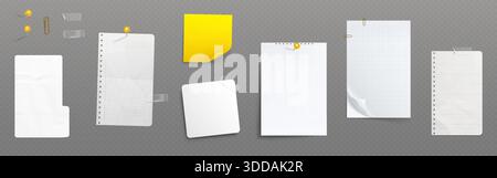 Schreibwaren aus Papier und Clips mit Haftnotizen und Notizblöcken. Bürokollektion mit realistischen Stecknadeln, Notizblöcken und Binderclips. Vektorelemente mit Klebeetiketten. Stock Vektor