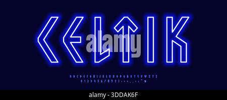 Nordische Neon Schriftart Logo Alphabet Vektor Lichteffekt Buchstaben Set Moderne Typografie, keltische leuchtende Typografie Design für Titeltext, Skandinavisch Stock Vektor
