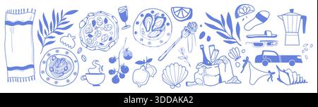 Italienisches Sommerstrand-Doodle mit Amalfi-Meereselementen - Skizzen-Vektorkollektion mit Pastagerichten und Kaffeetassen, Zitrusscheiben und Blättern, Muscheln und Küstensymbolen im blauen Stil. Stock Vektor