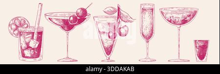 Cocktailgläser im Vintage-Skizzenstil mit handgezeichneter Strichzeichnung - erfrischende Getränke garniert mit Zitrusscheiben, Kirschen und Eiswürfeln. Alkoholische Getränke für Barmenüs oder Partygestaltung. Stock Vektor