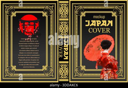 Bucheinband mit traditionellen japanischen Elementen und einer Geisha mit rotem Regenschirm. Handgezeichnete Abbildung Stock Vektor