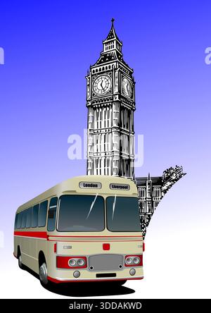 Illustration mit einem Oldtimer-Bus, der durch london fährt, mit Big ben und den Houses of parliament im Hintergrund Stock Vektor