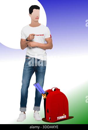 Der junge Mann passt seine Uhr an, während er auf sein Tennisspiel wartet Stock Vektor