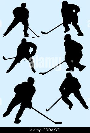 Silhouetten von sechs verschiedenen Eishockeyspielern laufen und schießen auf den Puck Stock Vektor