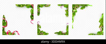 Weihnachtskranzrahmen isoliert auf transparentem Hintergrund. Vektor-realistische Illustration von Weihnachtskarten Ränder und Ecken mit Tannengirlande, rosa und grüne Bänder, Zuckerstangen und Lichter Stock Vektor