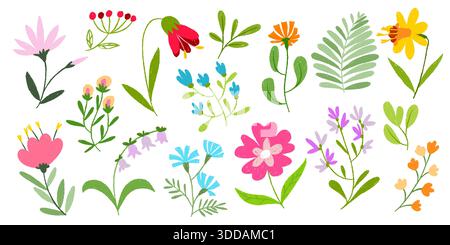 Buntstift-Blütenkritzelchen in Kreidepastellstil, handgezeichnete Frühlingsblüten aus Glockenblumen, Narzissen und Wildblumen mit kinderfreundlicher Ästhetik. Vektor-Set für Kinder Grußkarten, botanisches Design Stock Vektor