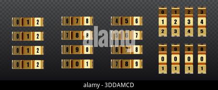 Kombinationen aus Sperrnummern, die auf transparentem Hintergrund isoliert sind. Realistische Illustration des goldenen Metallzifferblatts mit schwarzen Zahlen, geheimer Schutz, sicherer Sicherheitscode, Türzugangskontrollsystem Stock Vektor