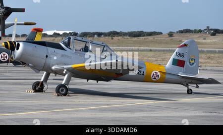 Beja, Portugal - 18. Juni 23: Oldtimer-Militärflugzeug parkt auf einem Flugplatz. Stockfoto