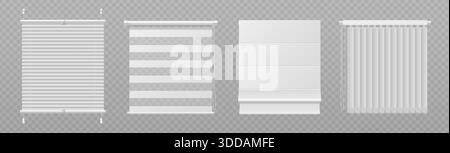 Fensterjalousie-Set mit realistischen 3D-weißen Vorhängen. Venezianische Jalousien und Rollos, römische Jalousien und vertikale Paneele isoliert auf Transparent. Innenarchitektur von Büro und Wohnkultur Stock Vektor