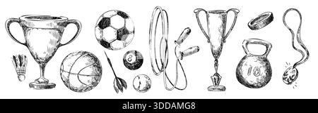 Sportausrüstung Kritzelset mit handgezeichneten Vintage-Symbolen. Trophäenbecher mit Fußball, Kettlebell und Sprungseil mit sportlicher Ausrüstung im Retro-Stil auf weißem BG für Fitness-Design. Stock Vektor