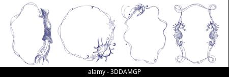 Meeresrahmen-Kritzelset mit Meeresgrenzen und Meeresbewohnern. Handgezeichnete Illustrationen mit Meeresfrüchten mit dekorativen Rahmen für Tintenfische, Seepferdchen und Seesterne. Vintage-gravierte nautische Muster für Sommer-Design Stock Vektor