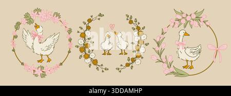 Cottagecore-Gänseillustration mit rosa Schleife und Blumenkränzen. Niedliches weißes Entenklipart mit Vintage-Frühlingsblumen auf beigefarbenem Hintergrund. Bezauberndes Vogelmotiv mit Herzen und Bändern. Stock Vektor