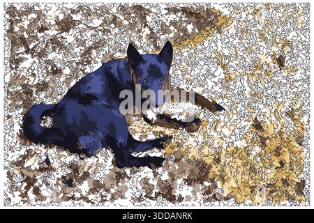 Impressionistisches Gemälde im Skizzenstil, der Hund ruht auf einer trockenen Wiese, digitales Illustrationsvektorbild Stock Vektor