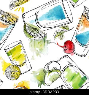 Appletini, Absinth, elektrische Limonade, blaue Kamikaze-Shots mit Zitrus-, Kirsch- und Apfelgarnitur. Nahtlose Fliesen von Getränken und Tintengläsern in Aquarellfarben Stockfoto