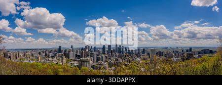 Großer Panoramablick auf die Skyline von Montreal vom Mount Royal mit modernen Hochhäusern unter einem blauen Himmel voller Wolken. Montreal, Kanada - M Stockfoto