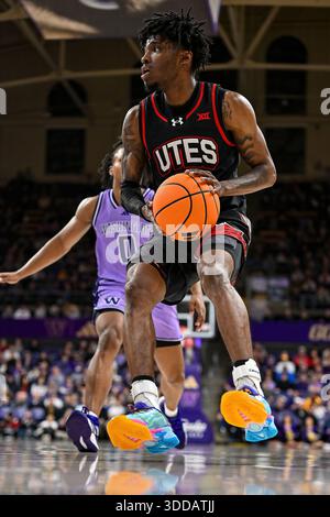 Seattle WA, USA. Dezember 2025. Utah Utes Guard Don McHenry (3) während des NCAA Basketballspiels zwischen den Utah Utes und Washington Huskies in Seattle, WA. Washington besiegte Utah 74–65. Steve Faber/CSM/Alamy Live News Stockfoto