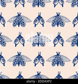 Schmetterlinge blaue Linie auf beigefarbenem Hintergrundvektor nahtloses Muster. Linie und Punkt. Strichgrafik. Vektorabbildung. Stock Vektor