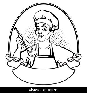 Man Chef Label kocht in der Küche. Lächelnder Meisterkoch, der Suppe Vektor-schwarze Grafik-Etikett-druckbare Illustration auf weiß für Desi vorbereitet Stock Vektor