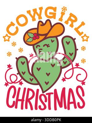 Cowgirl christmass Vektor druckbare Karte. Vektor Cowgirl Illustration mit abstrakten grünen Kakteen tragen in Cowboyhut und holly Beere Dekoration und Chr Stock Vektor