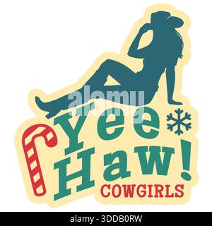 Cowgirl weihnachten Vektor druckbares Design. Vektor Cowgirl Silhouette Illustration mit holly Beere Dekoration und Weihnachtstext für Druck oder Design. Stock Vektor