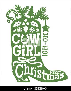 Cowgirl Boot Christmas Silhouette roter Stiefel voller festlicher Ikonen wie Weihnachtsbäume, Schneeflocken, Zuckerstangen und einem fröhlichen Howdy-Gruß Stock Vektor