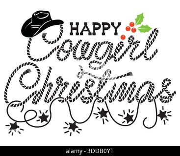 Cowgirl weihnachten Vektor druckbare Text Design. Vektor Weihnachtsseil Textabbildung mit Cowboyhut und holly Beere Dekoration für Druck oder Design Stock Vektor