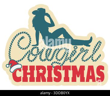 Cowgirl weihnachten Vektor druckbares Design. Vektor Cowgirl Silhouette Illustration mit holly Beere Dekoration und Weihnachtstext für Druck oder Design. Stock Vektor