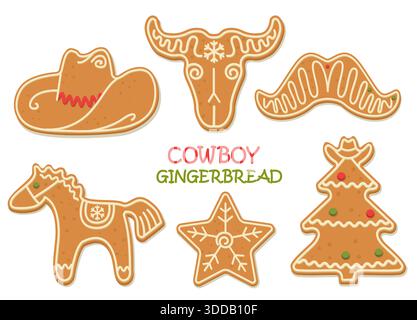Westliche Weihnachten Lebkuchen Kekse Vektor Clipart Illustration isoliert auf weiß. Cowboy Weihnachten Lebkuchen Cowboy Howdy Western Xmas gebackener Koch Stock Vektor