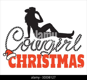 Cowgirl weihnachten Vektor druckbares Design. Vektor Cowgirl Silhouette Illustration mit holly Beere Dekoration und Weihnachtstext für Druck oder Design. Stock Vektor