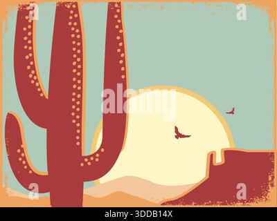 Amerikanische Wüstenlandschaft. Vektor Wüstenlandschaft Illustration mit Himmel. Arizona Poster Mountain Design Stock Vektor