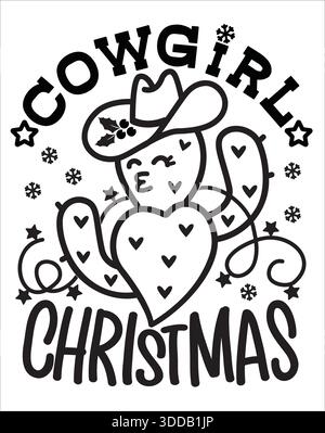 Cowgirl christmass Vektor druckbare Karte. Vektor Cowgirl Illustration mit abstrakten grünen Kakteen tragen in Cowboyhut und holly Beere Dekoration und Chr Stock Vektor
