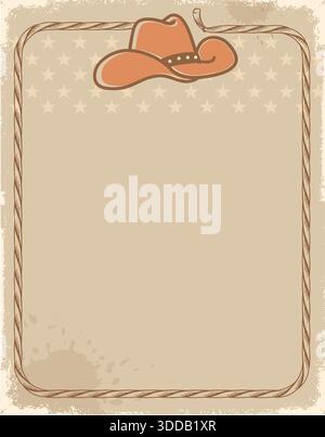 Vintage-Cowboy-Poster mit Cowboyhut und Seilrahmen. Vektor-westlicher Illustrationshintergrund für Text oder Design. Stock Vektor