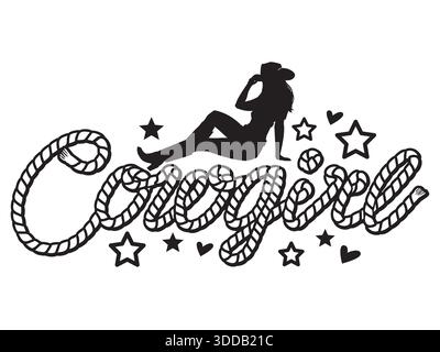 Cowgirl-Silhouette mit Seiltext isoliert auf weiß für Design. Vector Southern Girl bedruckbar für T-Shirt oder Becher, Country Girl Ranch Silhouette mit Stock Vektor