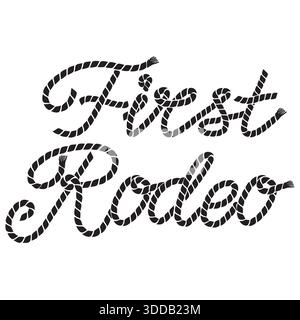 Erstes Rodeo-Lasso-Text-Vektor-Clipart mit stilvollem Seildesign, perfekt für westliche Projekte. Diese auffällige Illustration zeigt die phr Stock Vektor