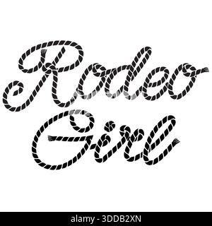 Cowgirl Seil Text Vektor Illustration isoliert auf weiß. Typografie im westlichen Stil mit Cowboy-Lasso-Elementen Country Fashion für den Druck Stock Vektor