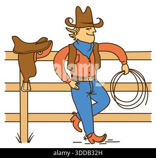 Cowboy, der auf einem Zaun steht. Vektorfarbene Bauernhof Rodeo Illustration mit Pferdesattel isoliert auf weiß. Stock Vektor