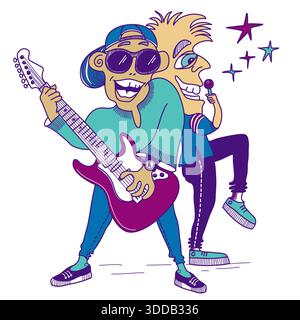 Musiker mit elektrischer Gitarre. Konzert mit Rockmusik. Sänger mit Mikrofon stehend auf Szene Vektor Farbe Hand gezeichnete Illustration des Musikfestivals Stock Vektor