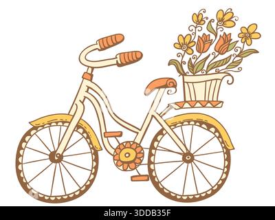 Fahrrad Hand gezeichnet Vektor Skizze Kritzelillustration. Fahrrad mit Korb Sommer Blumen Dekoration Hintergrund isoliert auf weiß für Grußkarte Stock Vektor