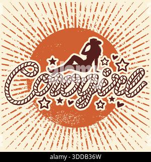 Cowboy-westliche Text-Vektor-Illustration isoliert auf weißem Hintergrund. Westlicher Lasso-Rodeo-Schriftzug. Vektor-Wildwest-druckbares schwarzes Grafiksym Stock Vektor