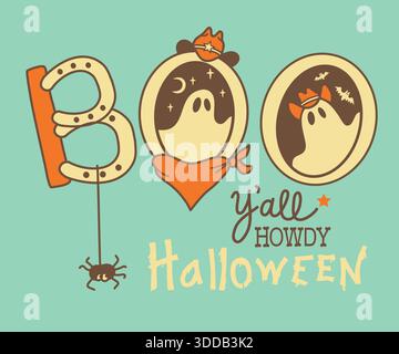 Cowboy halloween Vektor Illustration mit Kürbis im Cowboyhut und halloween Geister Rodeo Stock Vektor